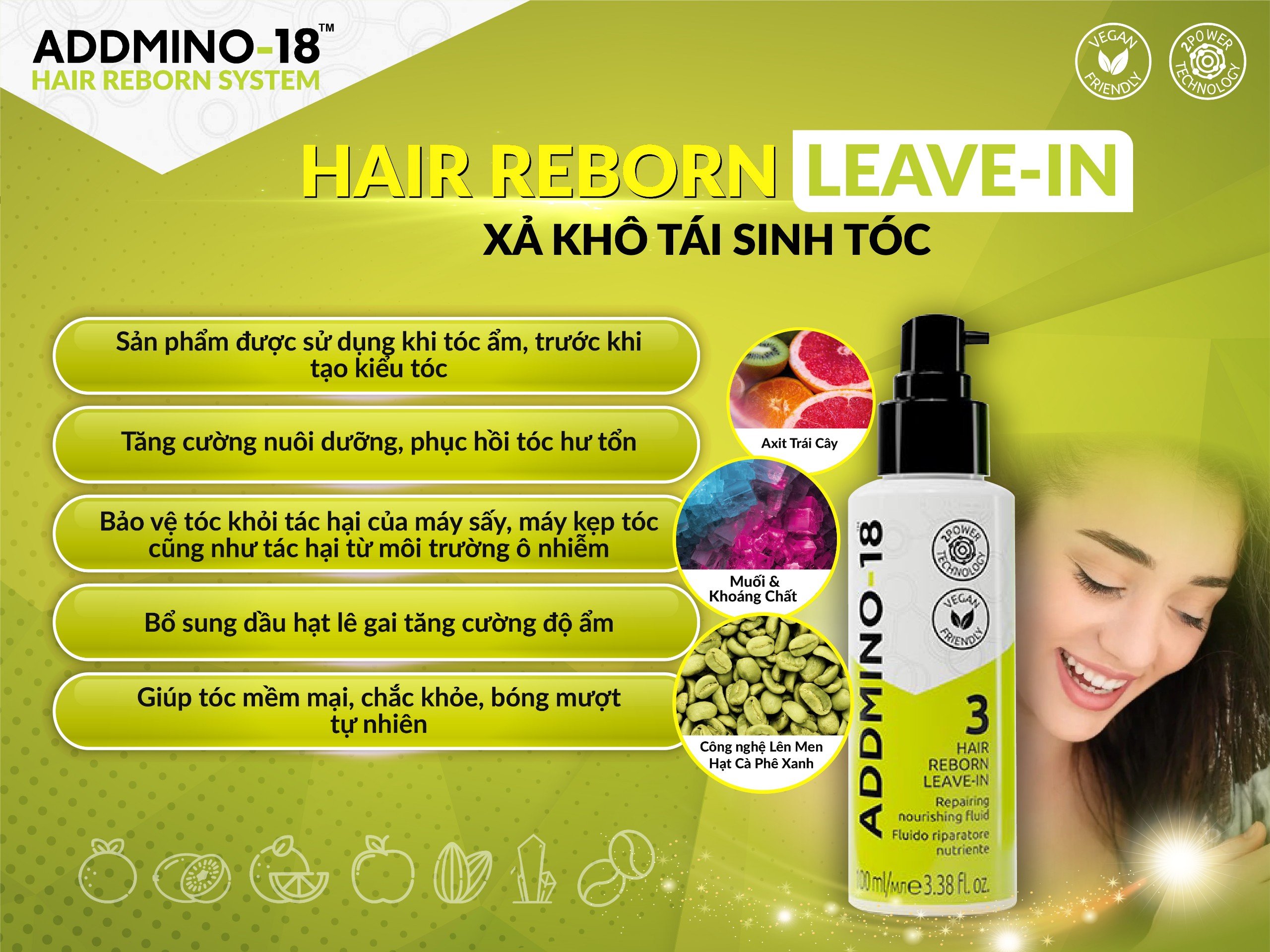 XẢ KHÔ TÁI SINH TÓC - 100ML (Addmino - 18 3 Hair Reborn Leave - In)
