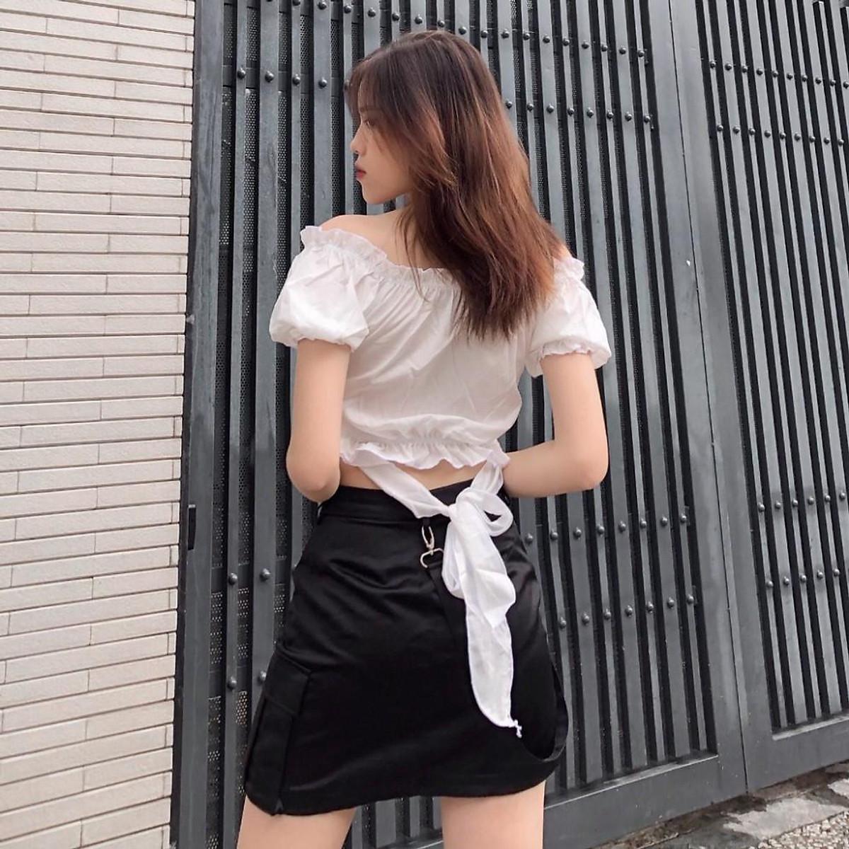 Áo Croptop Tay Ngắn Cổ Chữ V Màu Trắng Trơn Phối Dây Đan Chéo Cho nữ Sexy Tôn Dáng - Trắng