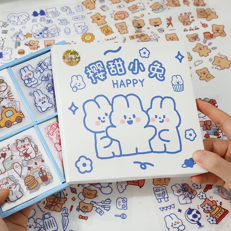 Hộp 100 tờ stickers giấy hoặc stickerss nhựa PET PVC dễ thương không trùng mẫu dùng để trang trí