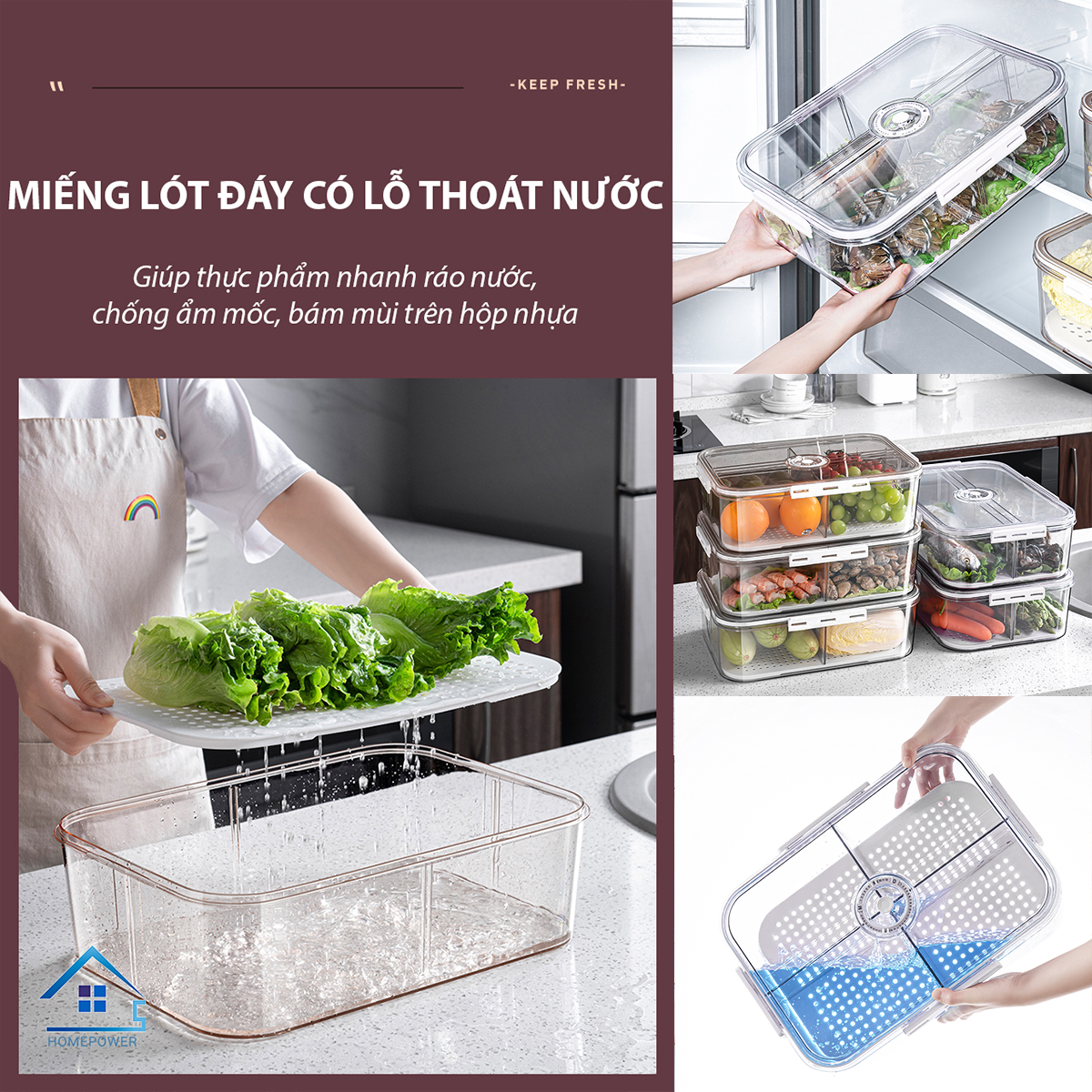 Hộp đựng thực phẩm tách nước Homepower chia 2 ngăn, 4 ngăn tiện lợi - Dung tích lớn