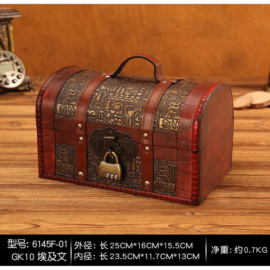 Hộp gỗ to hoa văn Ai Cập đựng đồ trang điểm, tư trang phong cách Vintage