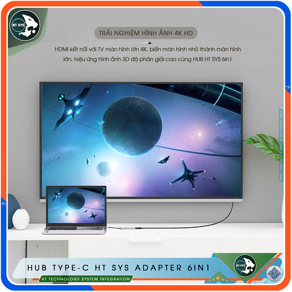 Hub Type C To HDMI HT SYS 6in1 Chuẩn HDTV - Hub Chuyển Đổi USB Type-C 6 Cổng - HDMI 4K, USB 3.0, Sạc Nhanh Type C PD, Khe Đọc Thẻ SD/TF - Kết Nối Tốc Độ Cao - Dành Cho MacBook, Tivi, Laptop, PC, Máy Tính Bảng, Smartphone – Hàng Chính Hãng