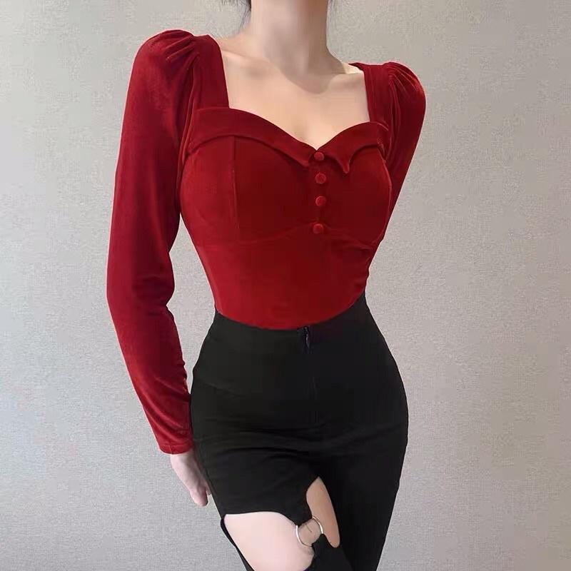 Áo nhung dài tay cổ vuông cúp ngực T0260