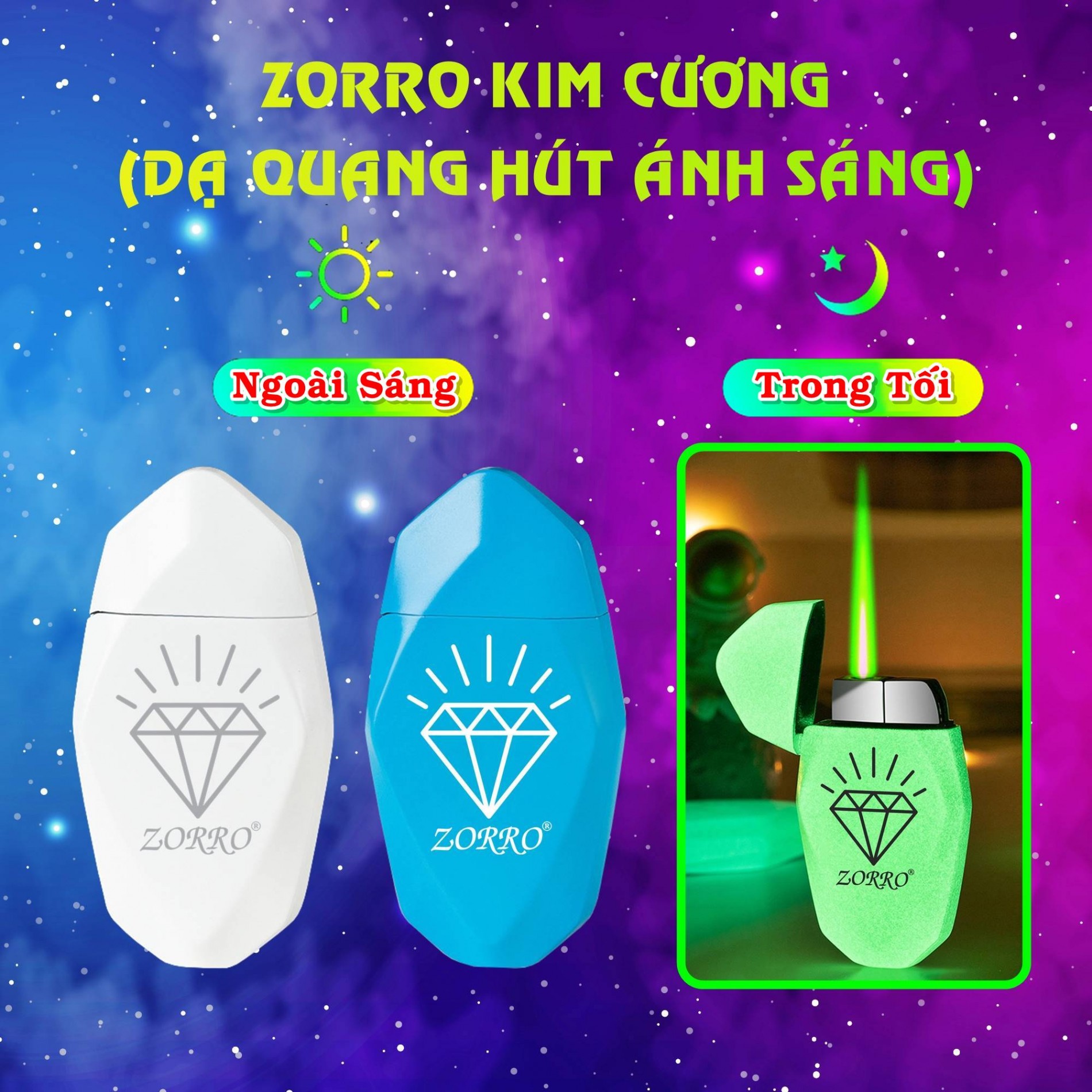 Hột quẹt bật lửa khè kim cương dạ quang hút ánh sáng - xài gas