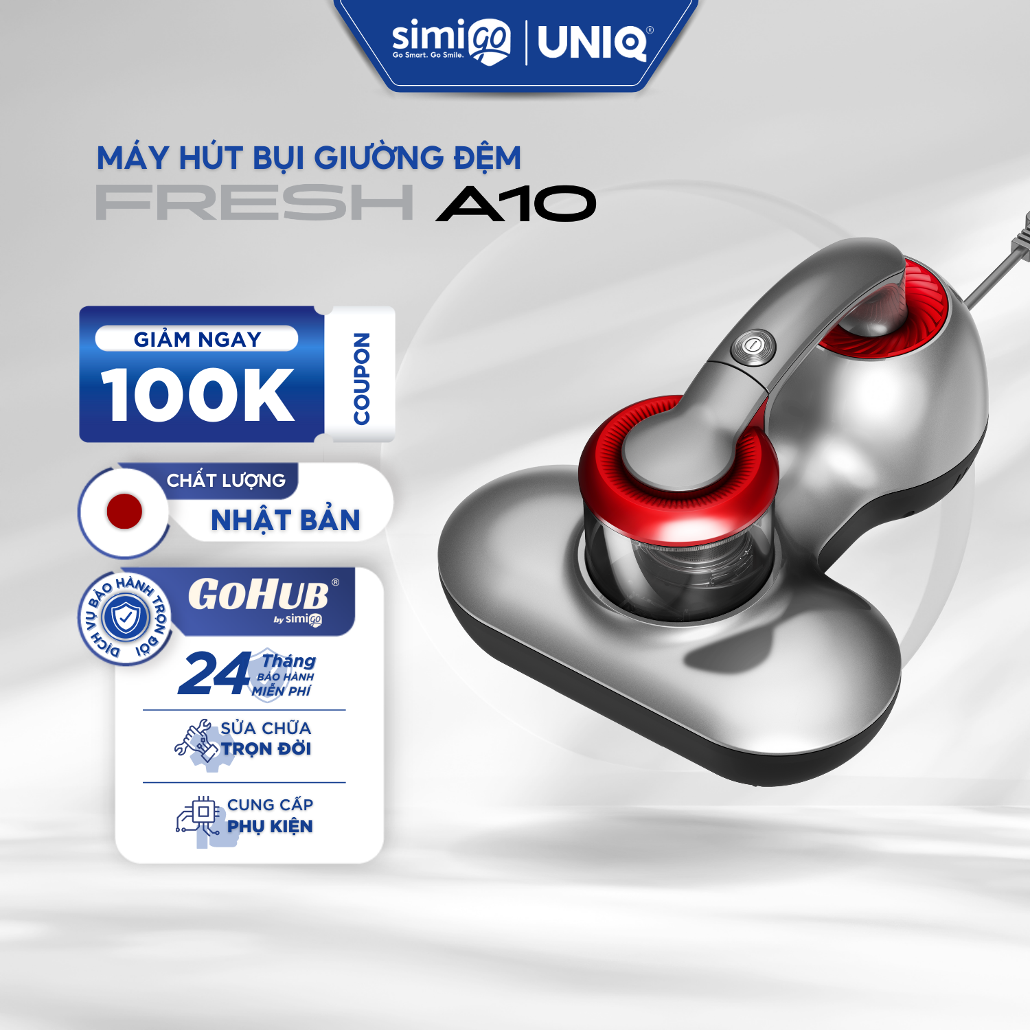 Máy Hút Bụi Giường Đệm Nệm UNIQ Fresh A10 Cầm Tay Mini Đa Năng Đèn UV Dây 4,5m Diệt Sạch Vi Khuẩn Ga Sofa Lông Cao Cấp - Hàng chính hãng