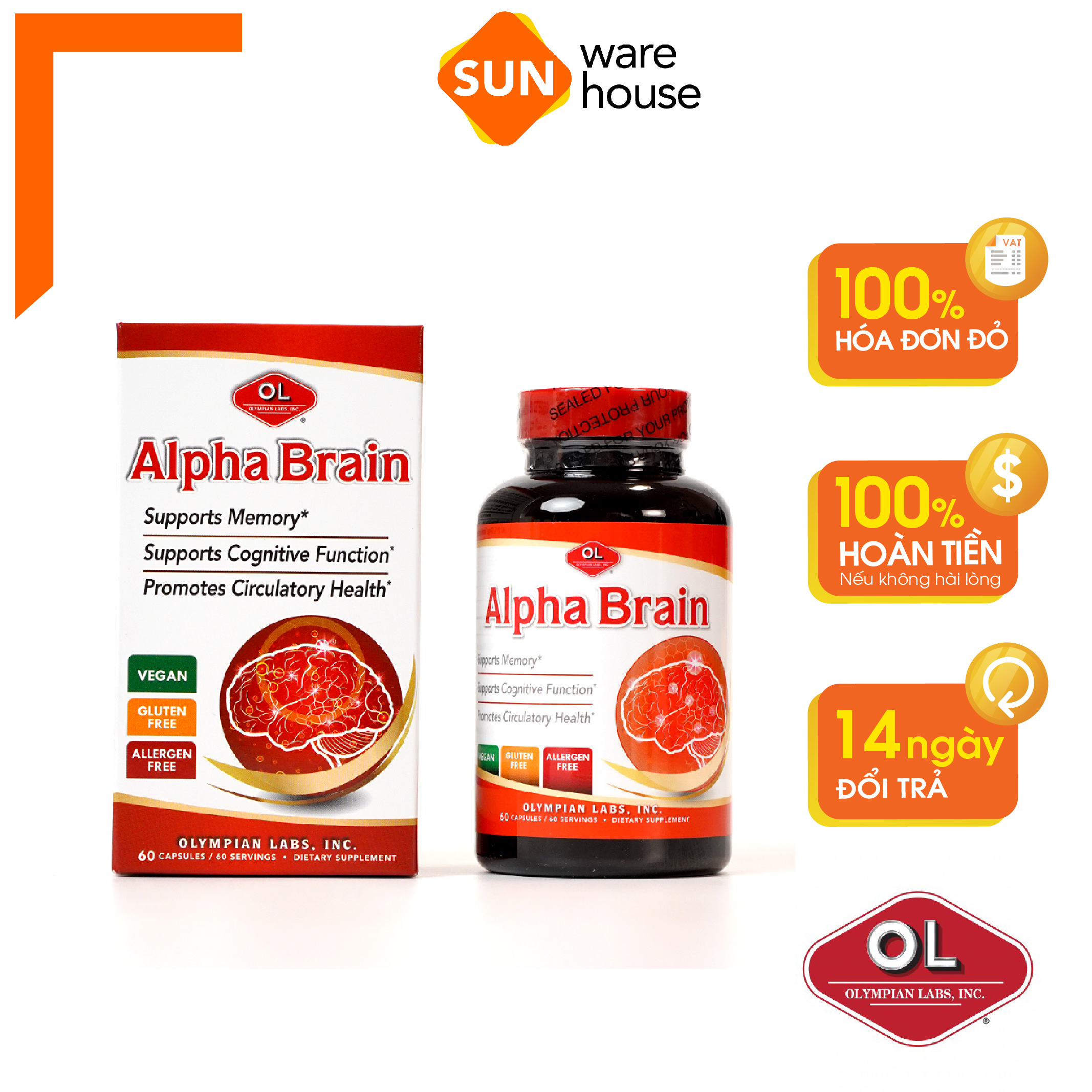 Viên Uống Olympian Labs Alpha Brain Bổ Não, Tăng Cường Tuần Hoàn Máu Não - Hộp 60 Viên