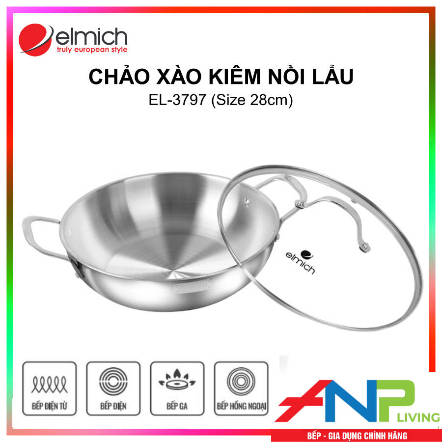 Chảo Xào Kiêm Nồi Lẩu inox cao cấp 3 lớp đáy liền ELMICH TRI-MAX (EL-3797 Size 28cm, EL-3798 Size 30cm) - Hàng Chính Hãng