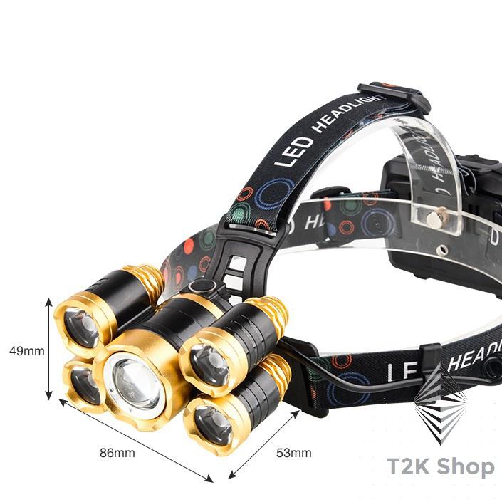 Đèn đội đầu siêu sáng 5 bóng chống nước có zoom nhỏ gọn siêu bền - đèn pin siêu sáng - T2K Shop