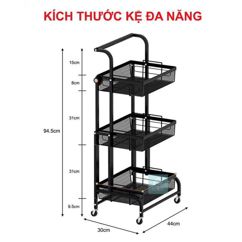 Kệ xe đẩy để đồ đa năng 3 tầng, kệ để bỉm sữa spa rau củ hoa quả nhà bếp thép carbon không rỉ màu đen tiện lợi