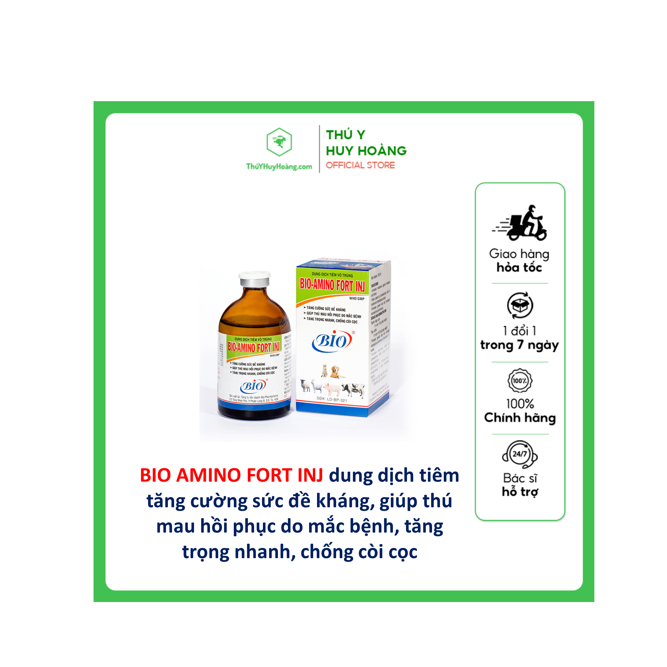 BIO AMINO FORT INJ chai 100ml dung dịch tiêm tăng cường sức đề kháng, giúp thú mau hồi phục do mắc bệnh, tăng trọng nhanh, chống còi cọc