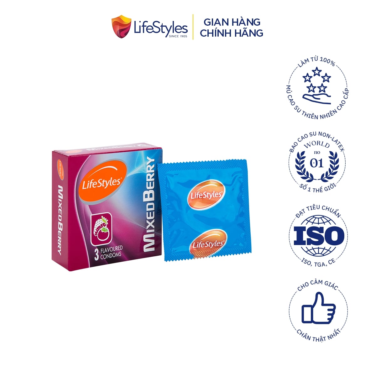 Bao cao su LifeStyles Mixed Berry Hương dâu 3 loại làm từ cao su thiên nhiên cao cấp ( 3 bao / Hộp ) - Xuất xứ Úc ( Hàng Chính Hãng )