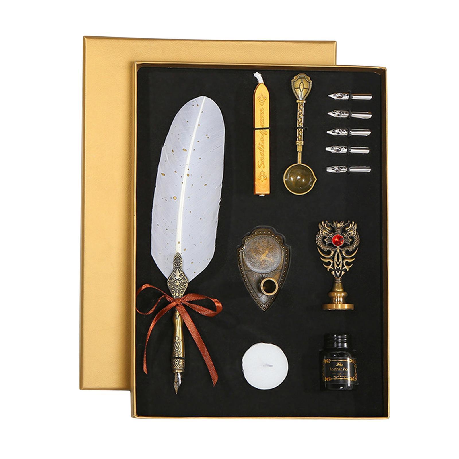 Calligraphy Feather Pen Set Feather Dip Pen Bottle of Ink Anitque White