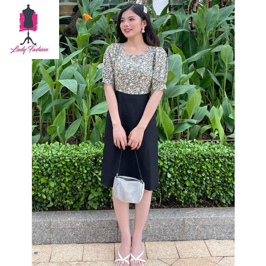 Đầm suôn chữ A phối hoa-MS027