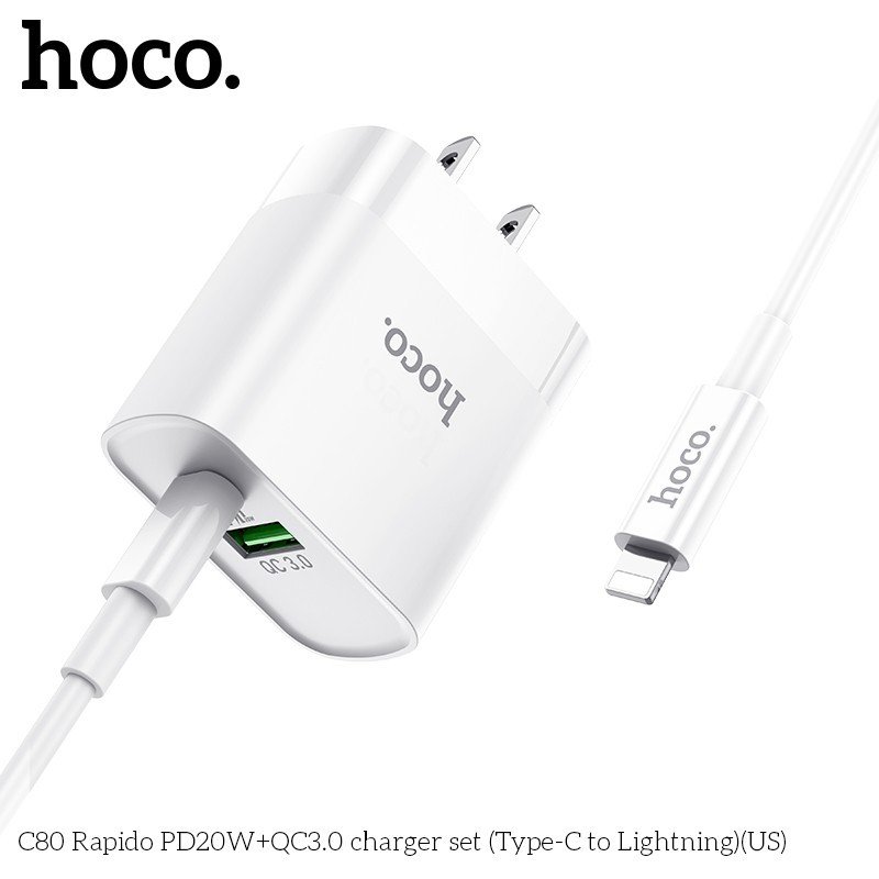 Bộ Sạc Nhanh Dành Cho Hoco. C80 PD20W QC3.0 2 Cổng Type-C + USB-A Kèm Cáp Type-C To IP Dây Dài 1m HÀng Chính Hãng