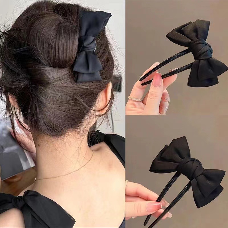 Trâm cài tóc chữ U đính nơ màu đen xinh xắn, trâm cài tóc thanh lịch