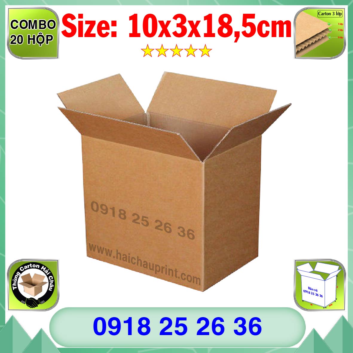 20 Hộp Carton, KT: 10x3x18,5cm, Hộp carton, Thùng carton, Hộp đóng hàng, Thùng đóng hàng, Hộp carton 3 lớp...