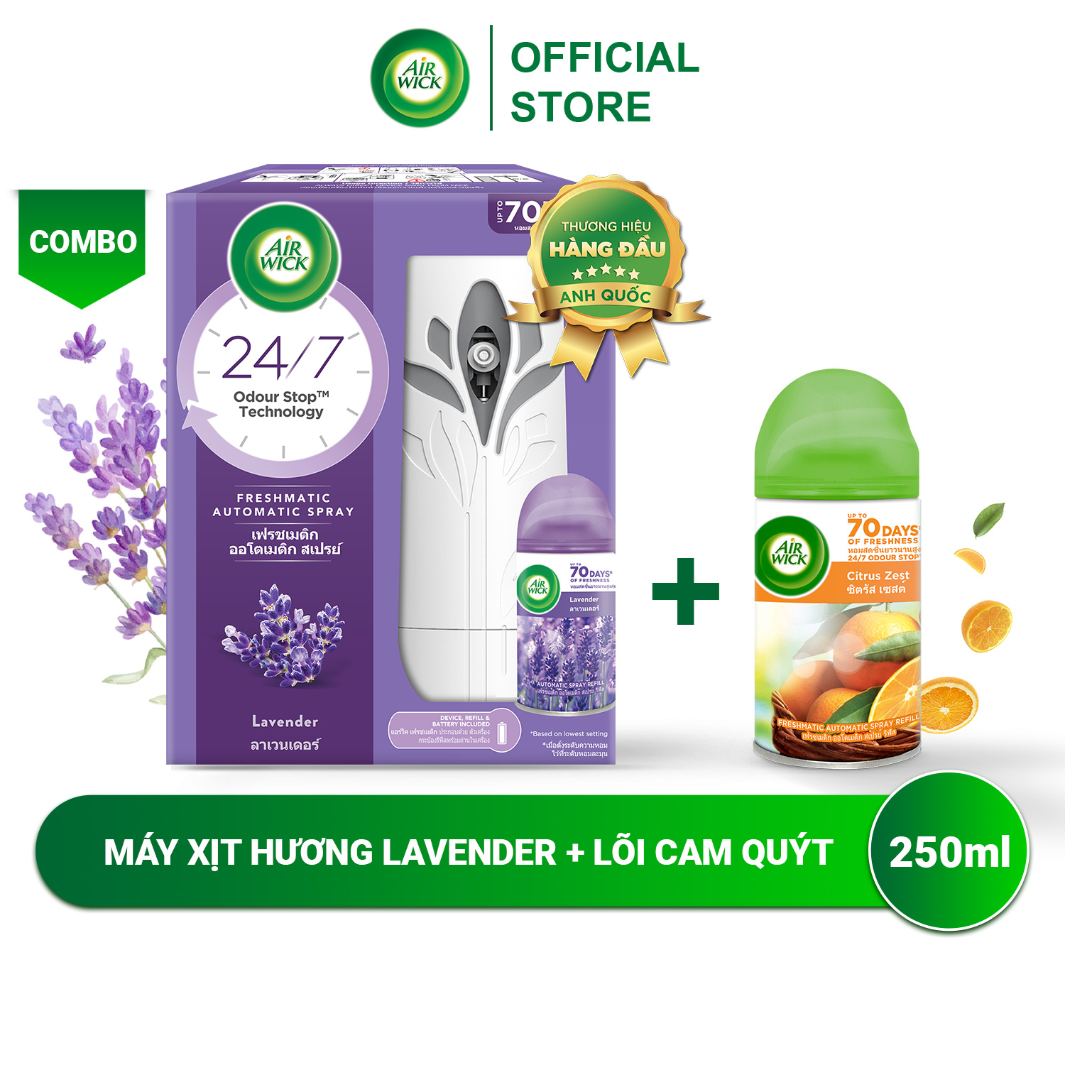 Bộ máy xịt thơm phòng tự động AIRWICK hương Lavender và Lõi Cam Quýt, tinh dầu thiên nhiên, khử mùi hiệu quả 24/7