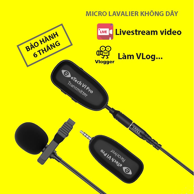 Micro cài áo không dây cho điện thoại TNVI - eTech VI Pro, mic live stream , quay video, ghi âm, Vlog Tương thích smartphone, máy ảnh, máy quay, PC, laptop kèm  Giá đỡ  điện thoại để bàn đa năng tiện dụng xoay 270 độ - Hàng chính hãng