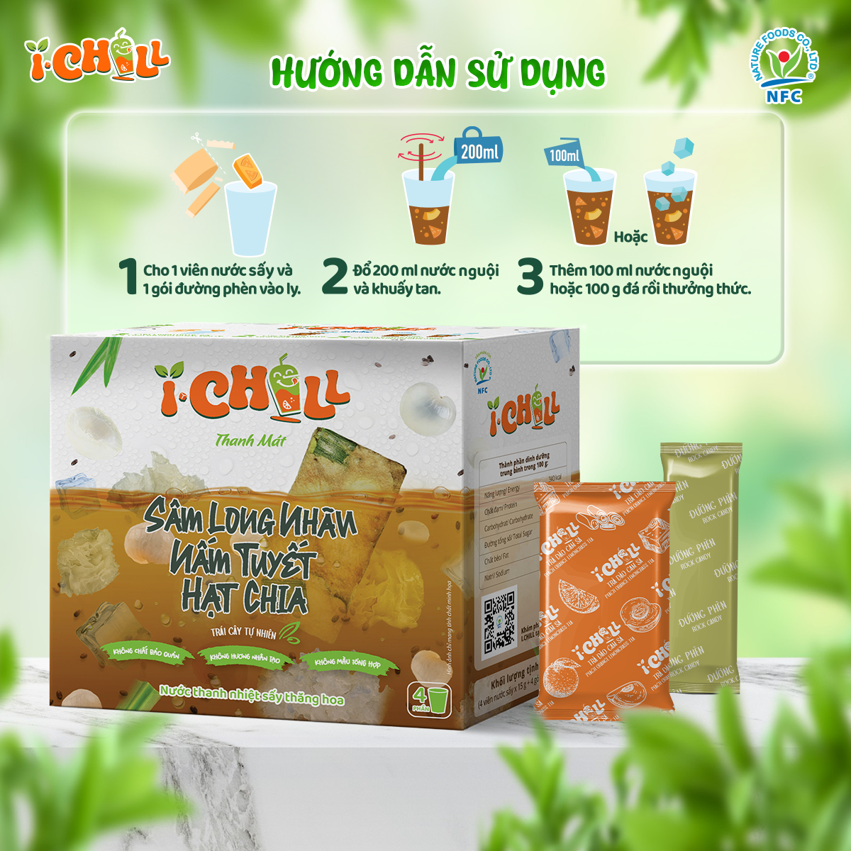 iChill Sâm Long Nhãn Nấm Tuyết Hạt Chia Nước Thanh Nhiệt Sấy Thăng Hoa Từ Trái Cây Tự Nhiên 4 Gói X Hộp, Không Chất Bảo Quản, ISO 22000, HACCP, BRC