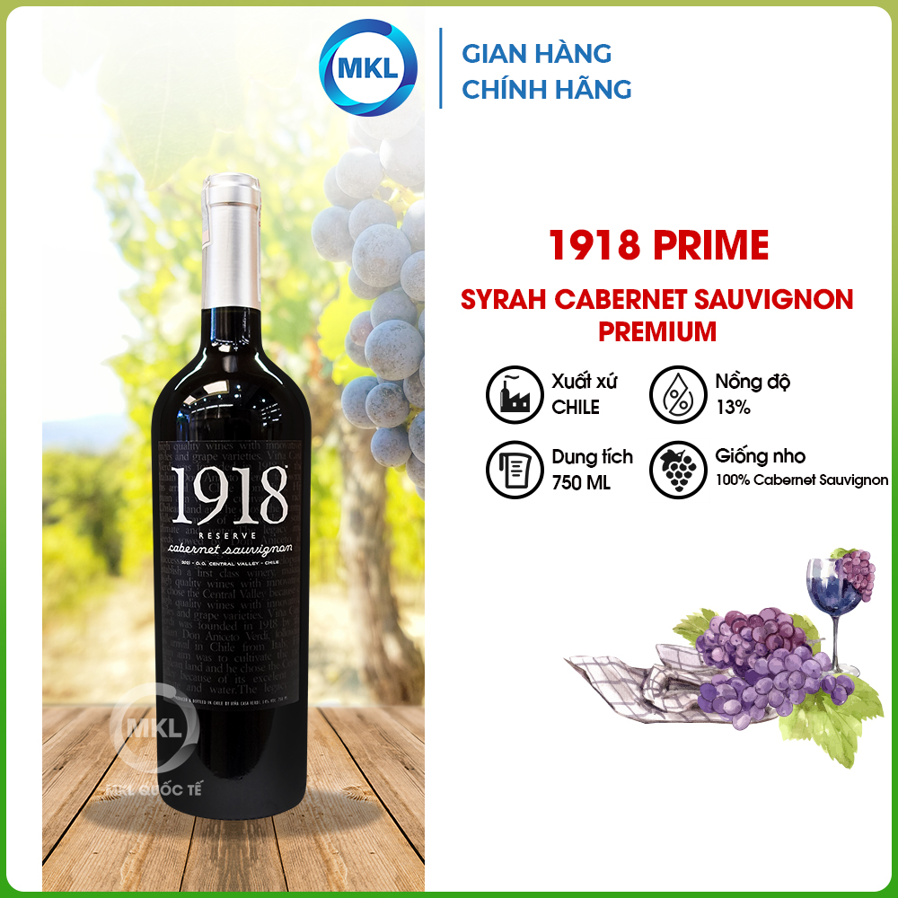 Rượu Vang Đỏ  1918 Reserve Cabernet Sauvignon 750ml 14.5% - Chile - Hàng Chính Hãng