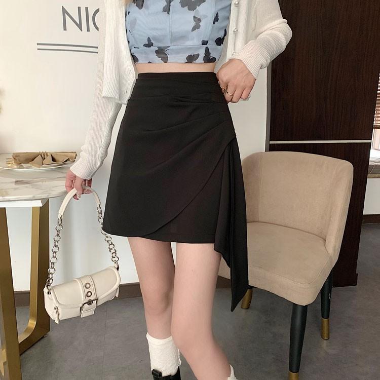 Chân váy A cách điệu vạt chéo bên hông, chân váy nữ dáng ngắn cạp cao 2 màu nâu đen Okella CV009