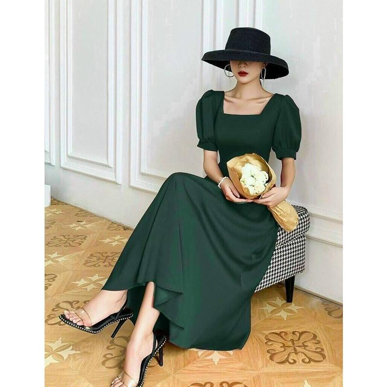 Đầm Maxi Xanh Cổ Vuông Tay Phồng