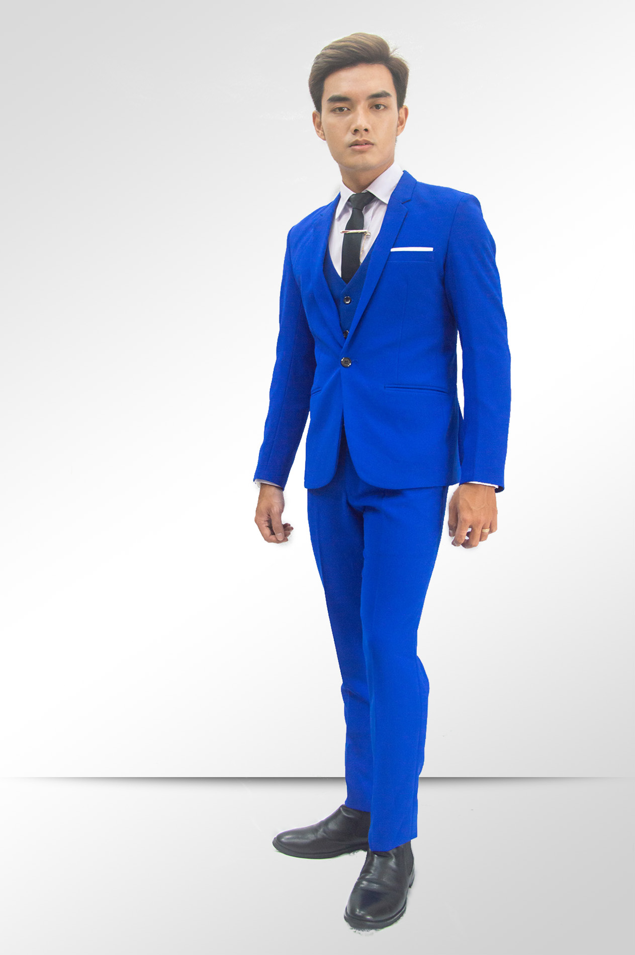 Bộ vest nam 1 nút và gile ôm body màu xanh coban chất liệu co dãn , thoáng mát tặng kèm combo phụ kiện