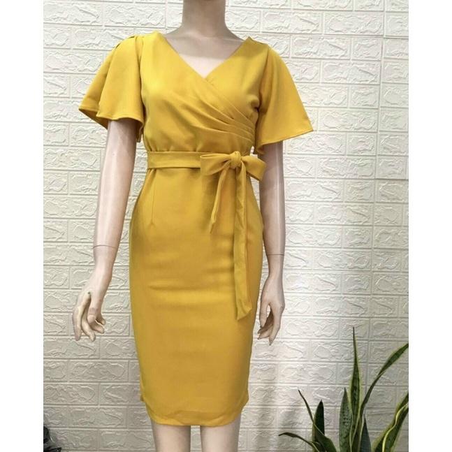 Đầm body cổ V đắp dây nơ eo S.MLXL