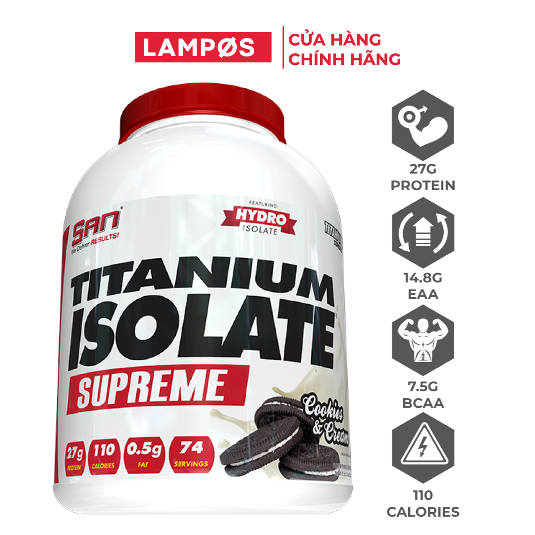 Combo Sữa Tăng Cơ SAN Titanium Isolate Supreme, Hỗ Trợ Xây Dựng Cơ Nạc Giảm Mỡ, 27g Protein Tinh Khiết, 7g BCAA, 0g Đường, 75 liều dùng - Kèm Bình Lắc (Màu Ngẫu Nhiên)