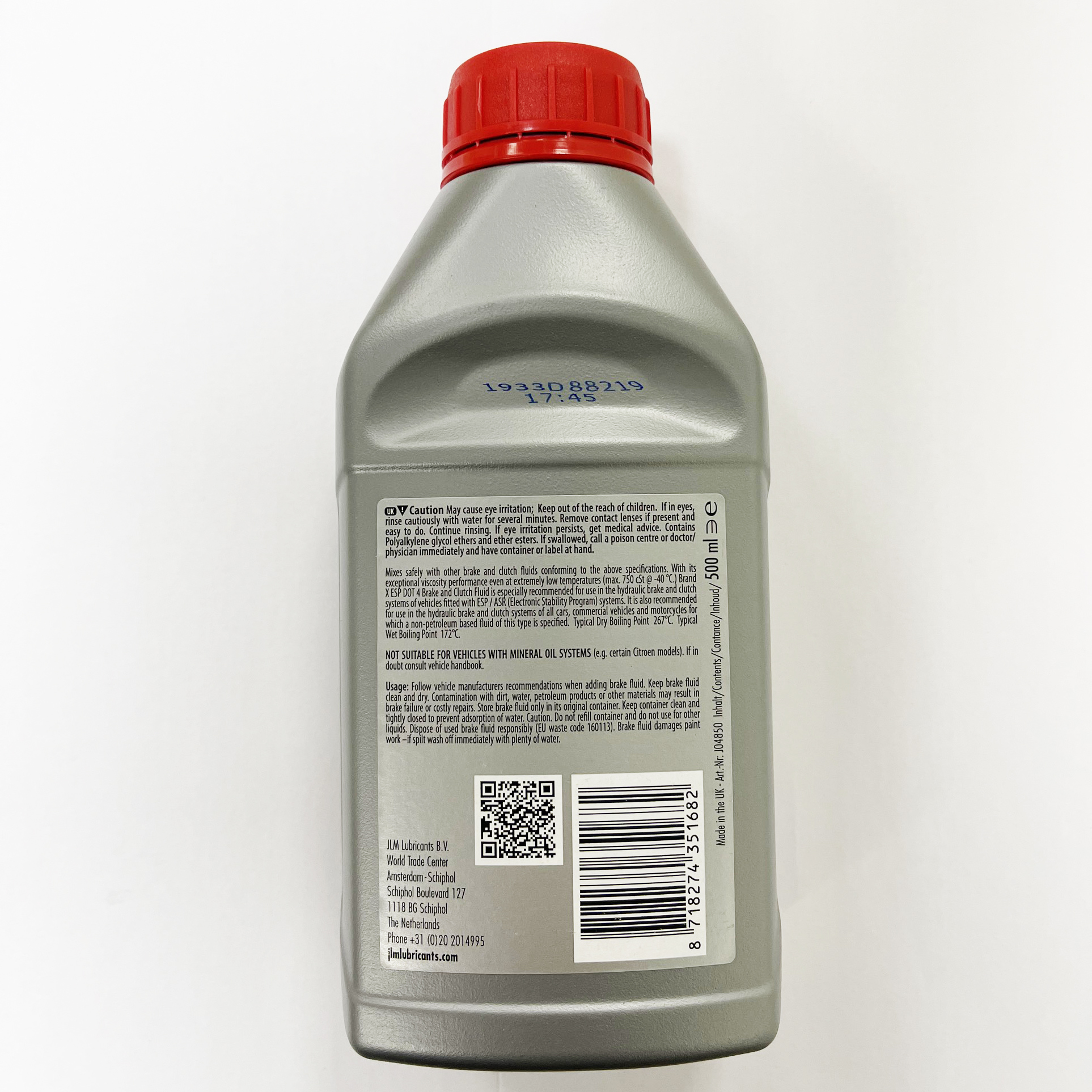 Dầu phanh Dot 4 LV cho ô tô. Hãng JLM sản xuất, xuất xứ Hà Lan, J04850 dung tích 500ml, tiêu chuẩn ISO 4925