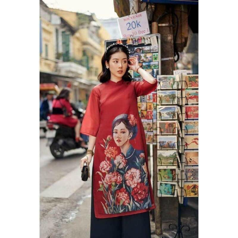 Áo dài đỏ vải t..ơ organza in họa tiết Tết xinh xắn