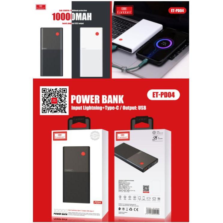 Sạc Dự Phòng 10.000 mah Earldom PD-04 Nhanh Vỏ Nhựa Cứng Cáp Cách Nhiệt Chống Bám Bẩn - Hãng Chính Hãng