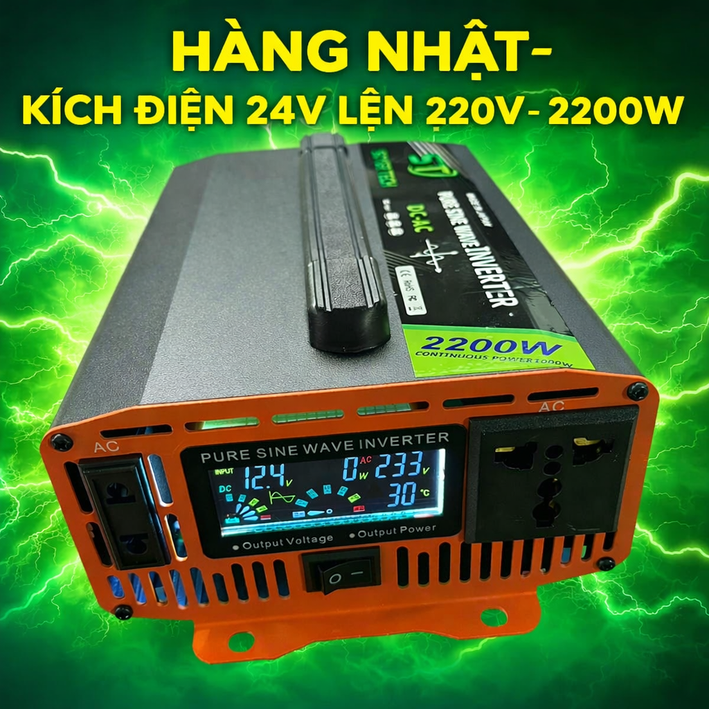 Bộ Biến Tần Kích Điện 24V → 220V 2200W Hàng Nhật, Sóng Sin Chuẩn, Full LED Cao Cấp