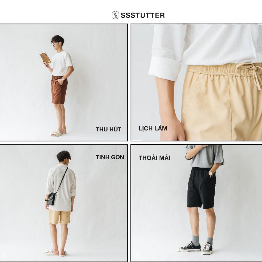 Quần Short Nam phần gấu được thêu chữ SSStutter vải Linen cạp chun thoải mái 3 màu Over Shorts