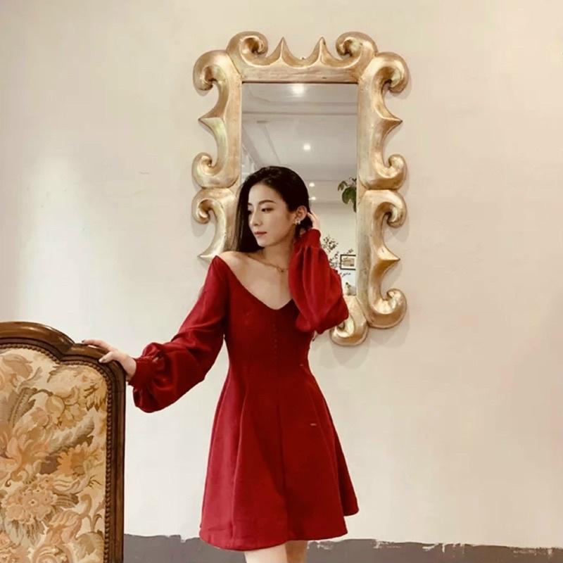 Đầm cổ V tay dài nút bọc ĐẦMCÔNG SỞ