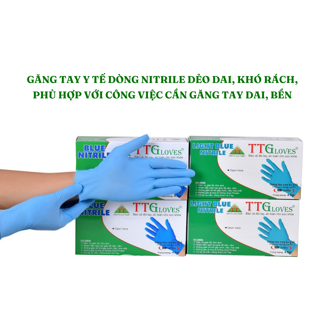 Găng Tay Cao Su Y Tế Size S Không Bột Nitrile TTGLOVES Màu Xanh Nhạt (100 Chiếc)