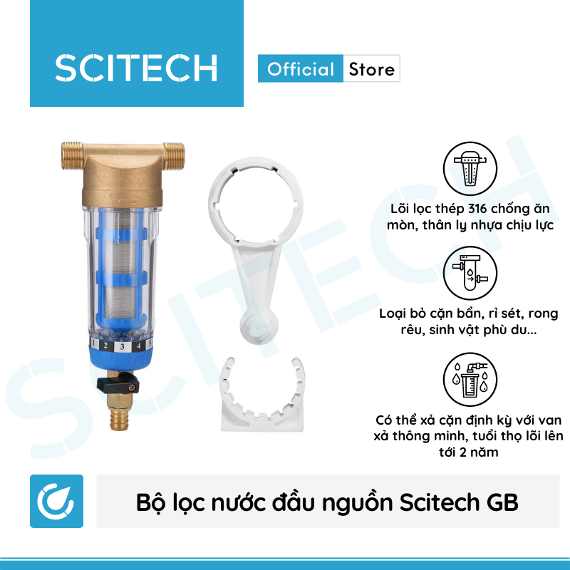 Bộ lọc nước thô đầu nguồn mini Scitech GB (Nhỏ gọn, có van xả cặn) - Hàng chính hãng