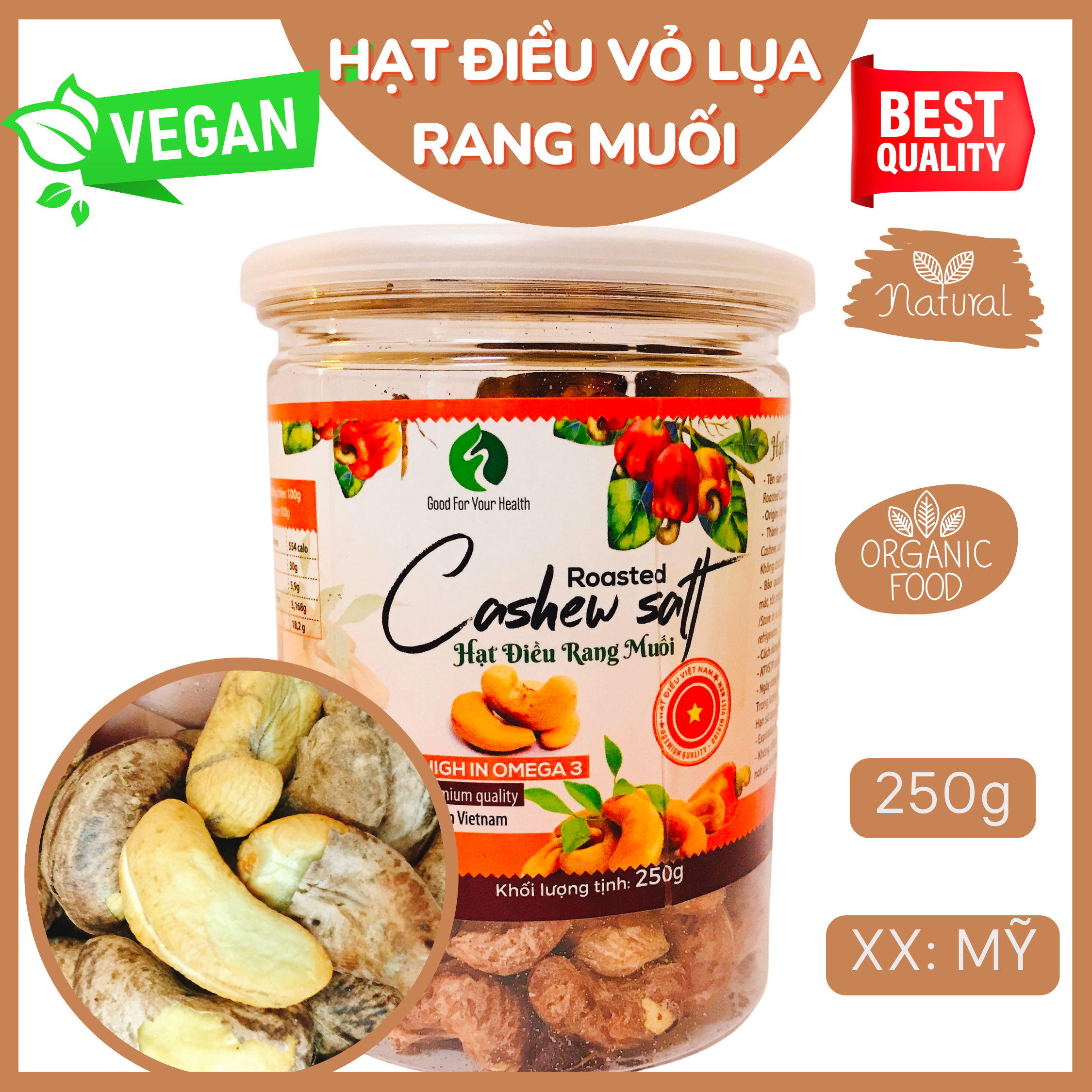 Hạt điều còn vỏ lụa rang muối hũ 250g