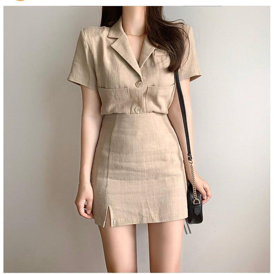 SET ÁO VEST NUDE + CHÂN VÁY XẺ