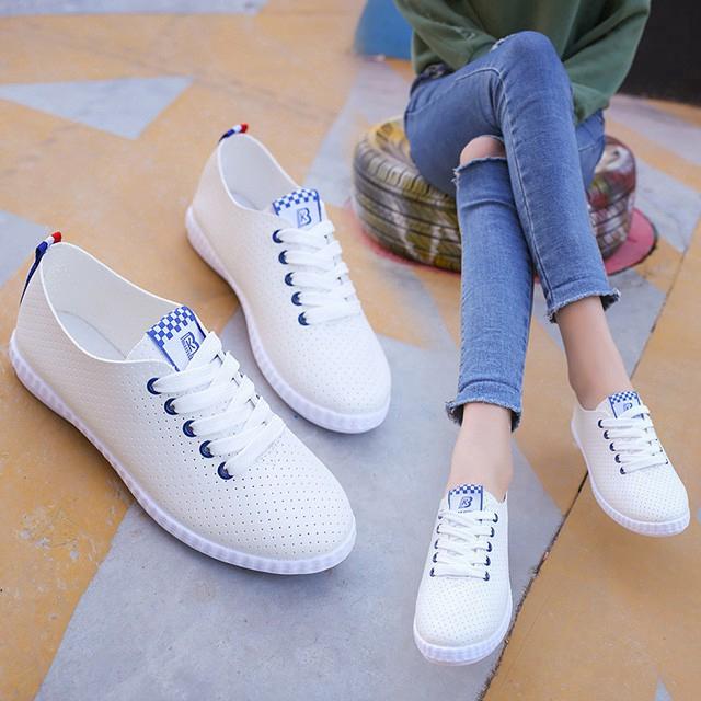 Giày Sneaker nữ trắng bằng da PU phong cách mùa hè