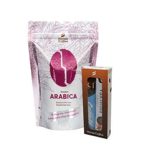 Cà Phê Hạt Rang Arabica Honee Coffee 250g - Tặng Hộp 4 Gói Hòa Tan Honee Coffee 4 Gói Hòa Tan Hương Vị Quế - Dừa - Trà Xanh - Phấn Hoa