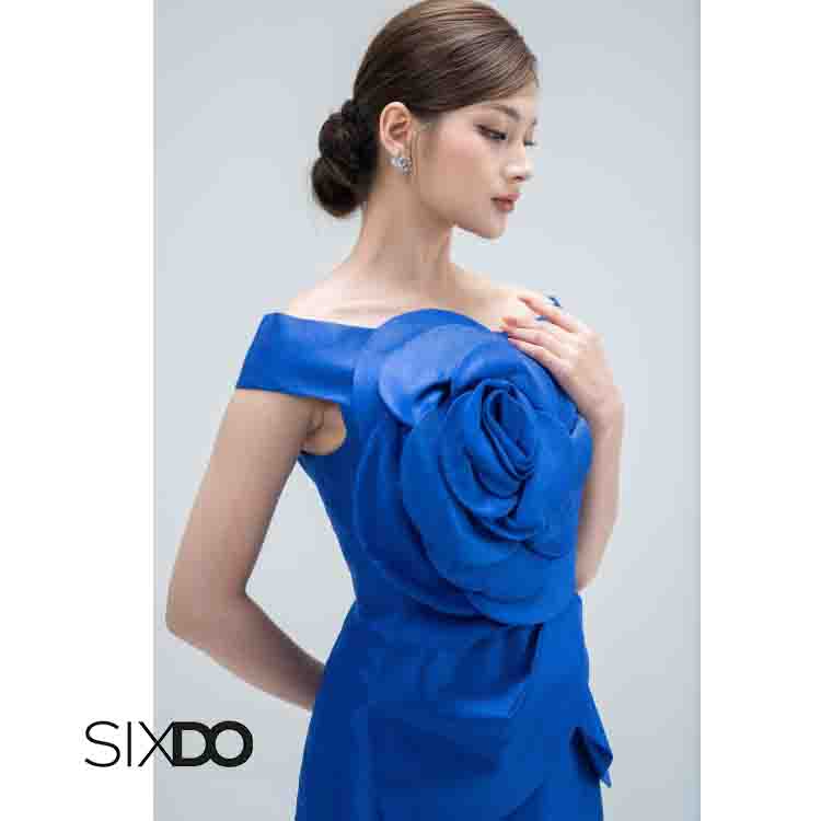 Đầm SIXDO gấm trễ vai hoa trà sang trọng