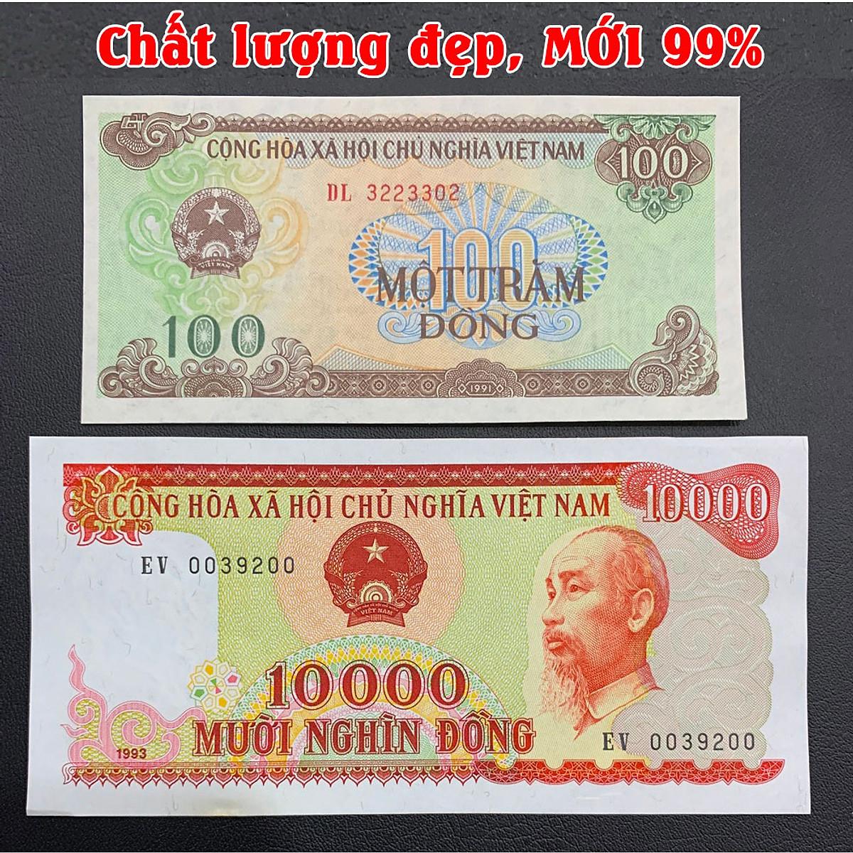 Cặp 2 tờ 100 đồng 1991 và 10000 đồng đỏ 1993 giấy cotton xưa [MỚI 99%], sưu tầm