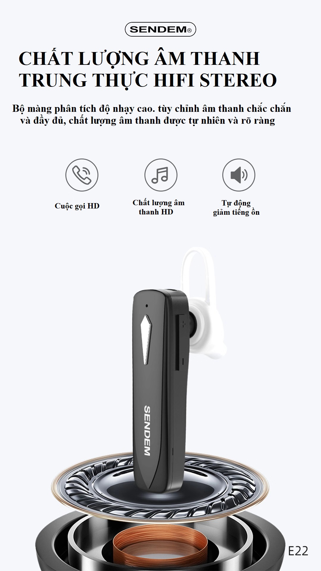Tai nghe Bluetooth V5.0 Sendem E22 cài 1 tai, pin trâu, đàm thoại cực tốt - Hàng chính hãng
