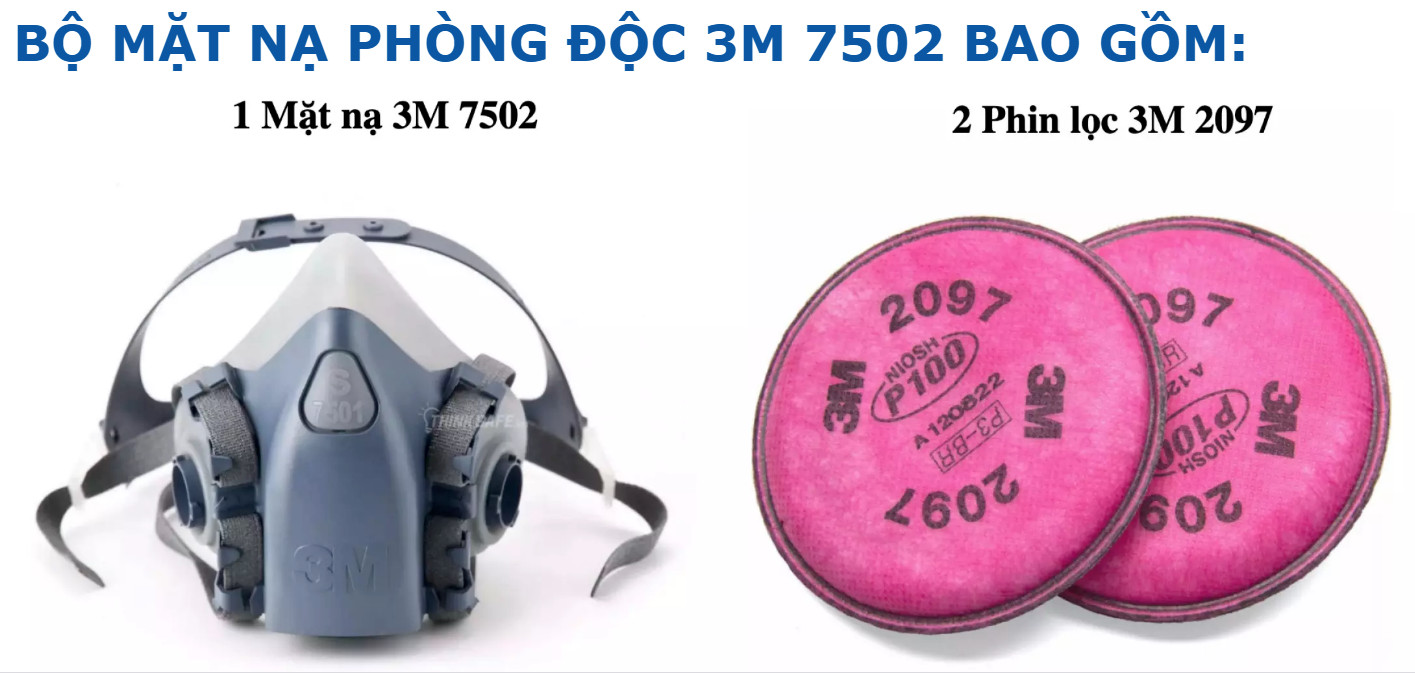 Mặt nạ phòng độc 3M 7502 bộ 3 món sử dụng phin 3M 2097 - Mặt nạ N95 phòng dịch, chống bụi, chống độc, khói hàn - lọc hơi hữu cơ nồng độ thấp