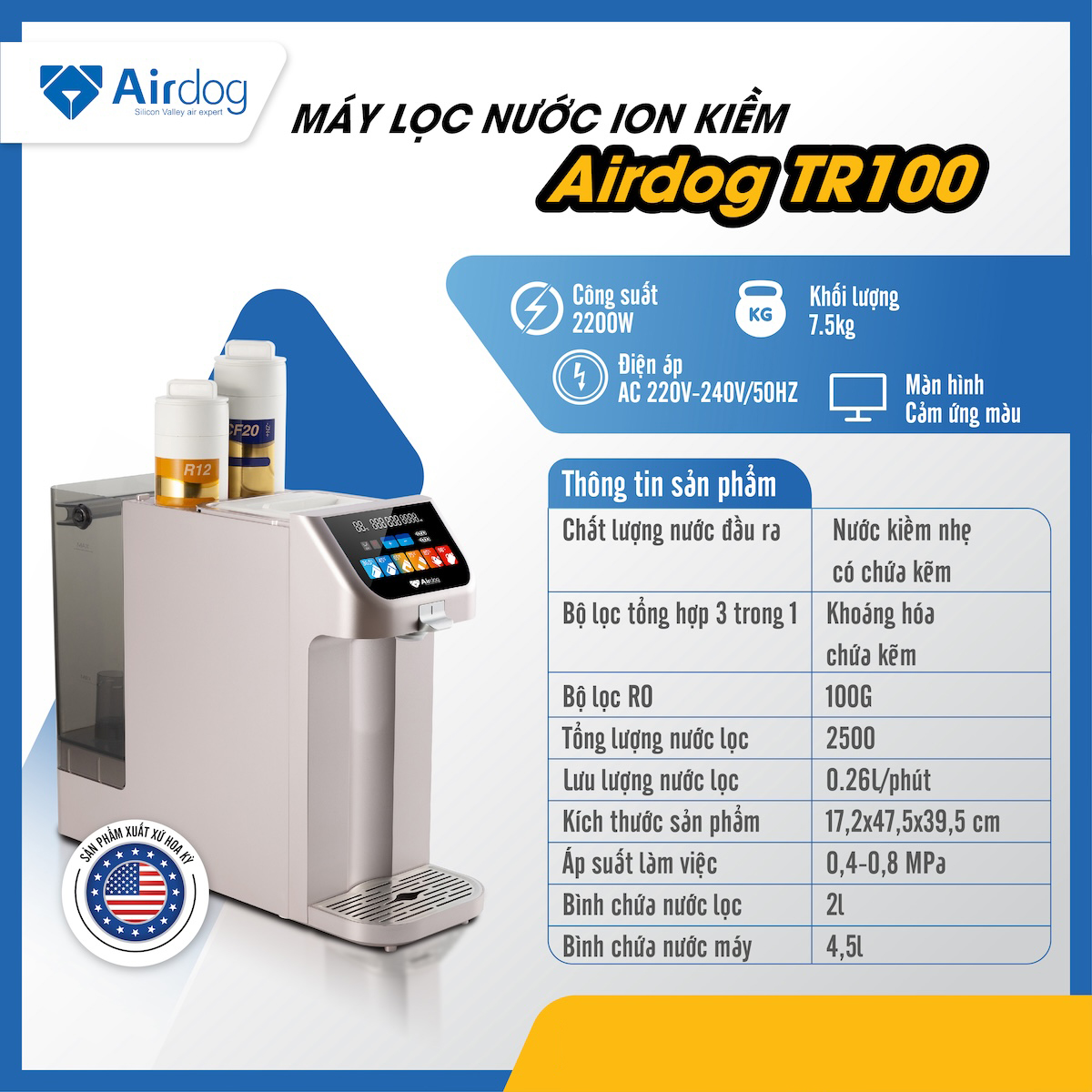 MÁY LỌC NƯỚC ION KIỀM AIRDOG TR100 - HÀNG CHÍNH HÃNG