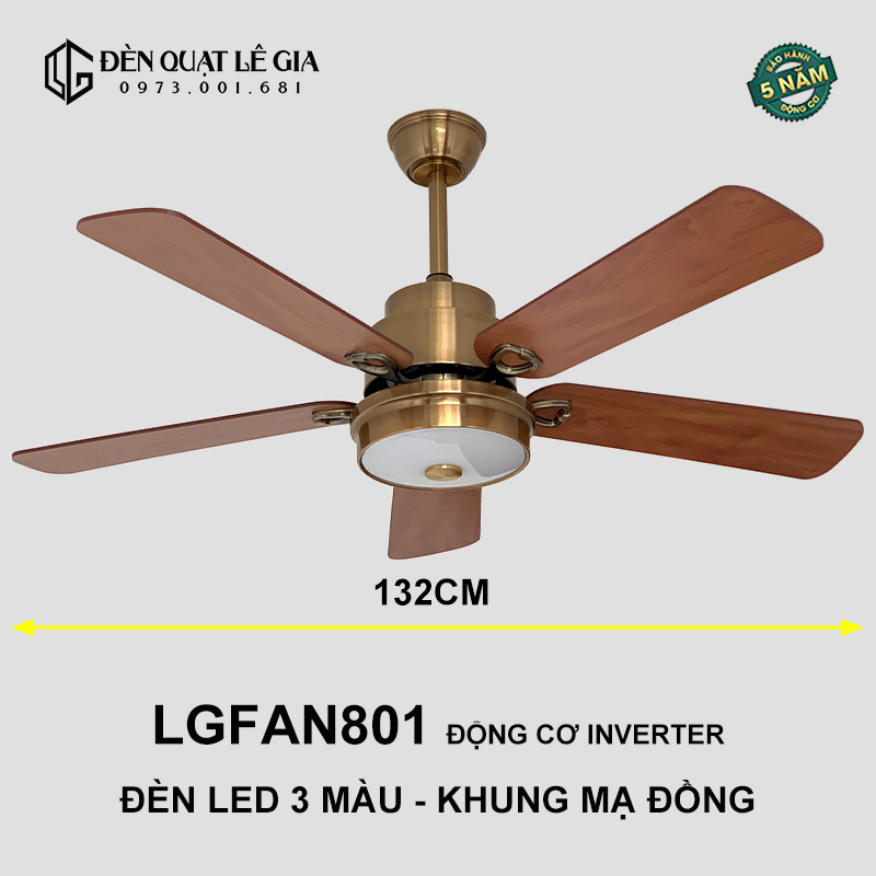 Quạt Trần Đèn Tân Cổ Điển LÊ GIA LGFAN801 - Chiều Cao 43cm - Sải Cánh 132cm - Bảo Hành 5 Năm