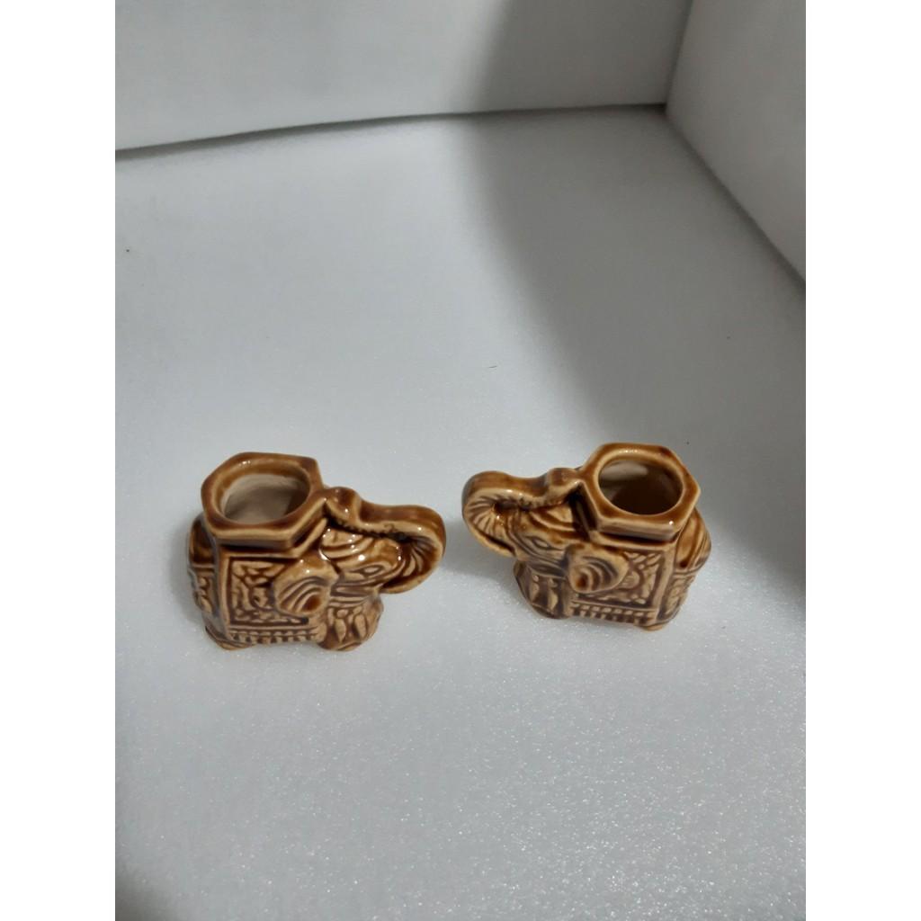 Hủ đựng tăm bằng gốm voi men nâu 2 con