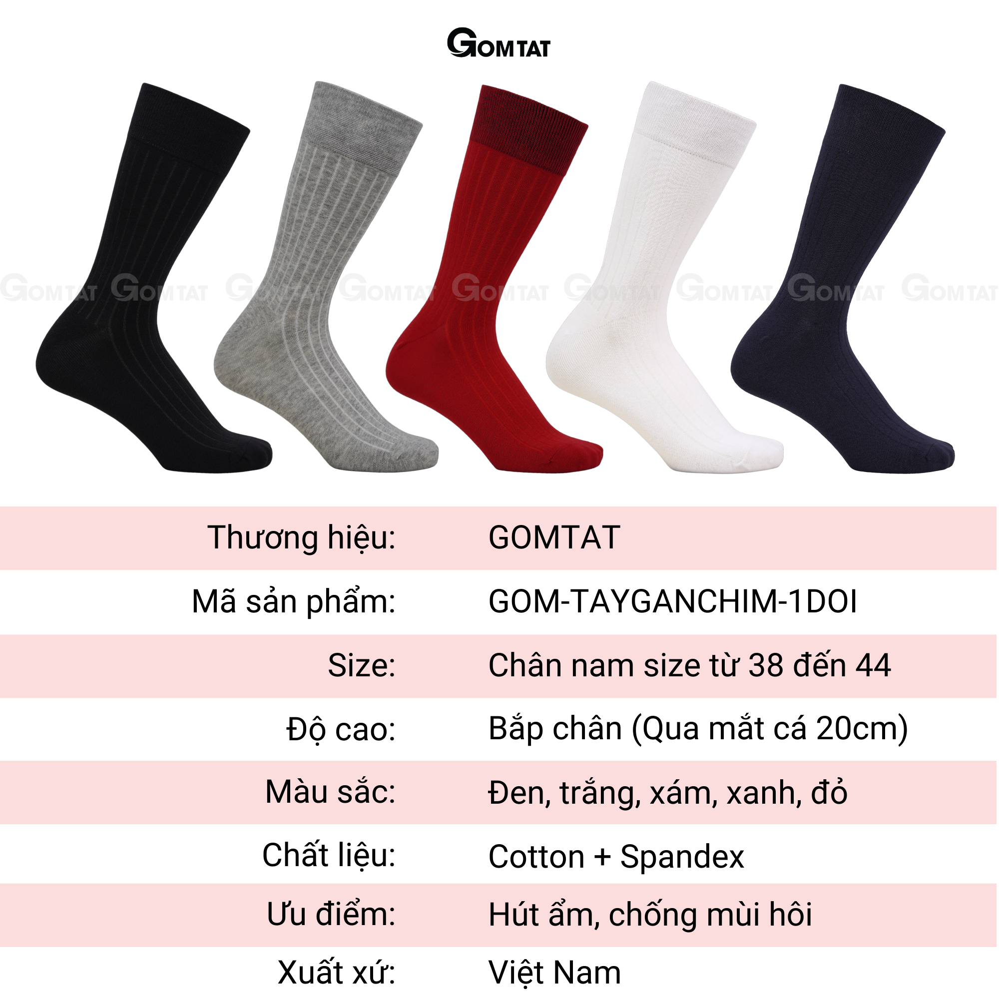 Hộp 5 đôi tất vớ đi giày tây nam GOMTAT mẫu gân chìm, chất liệu cotton cao cấp hút ẩm thoáng khí - GOM-TAYGANCHIM-CB5