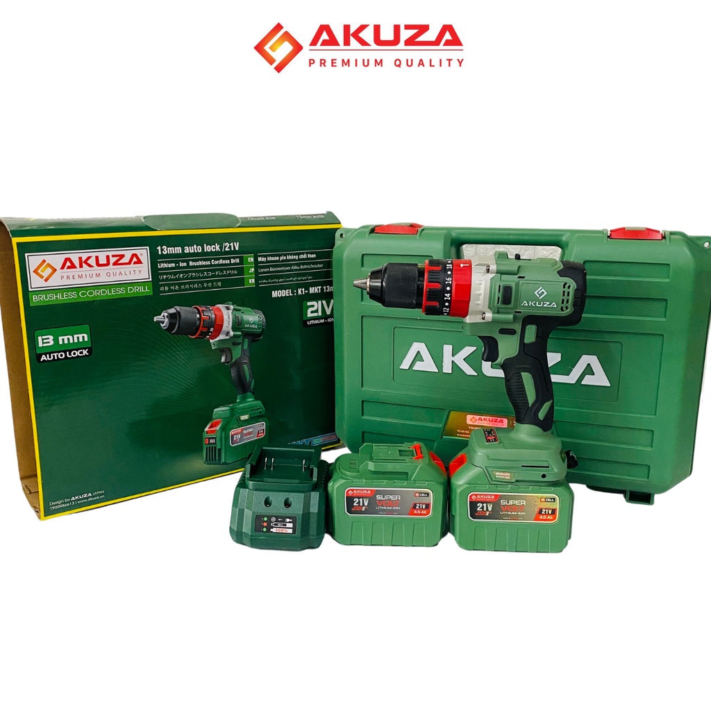 Máy khoan pin 15 cell Akuza đầu auto lock 13mm không chổi than có búa - Máy khoan tắc động siêu khoẻ, siêu bền